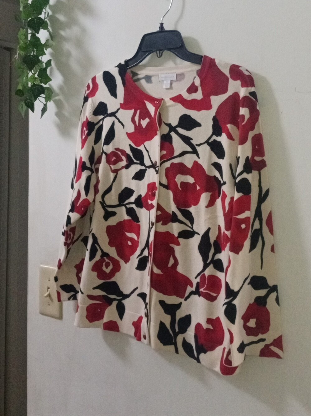 Women's Red Floral Cardigan Sweater XL